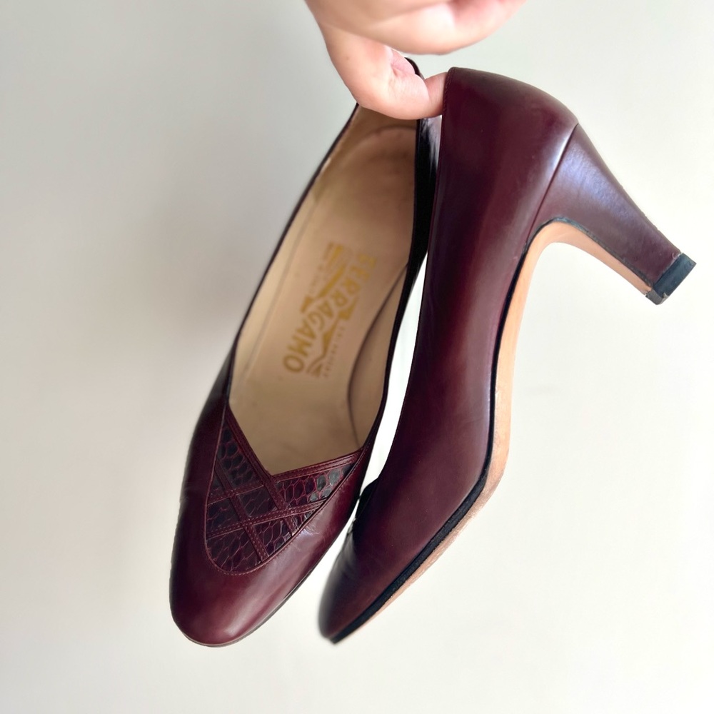 Salvatore Ferragamo Burgundy Leather Kitten Block Heel Pumps